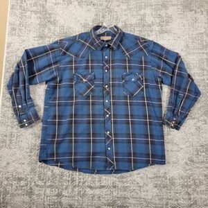 Vintage Western Shirt Mens XXL 2XL Blue Plaid Flannel Cowboy Pearl Snap